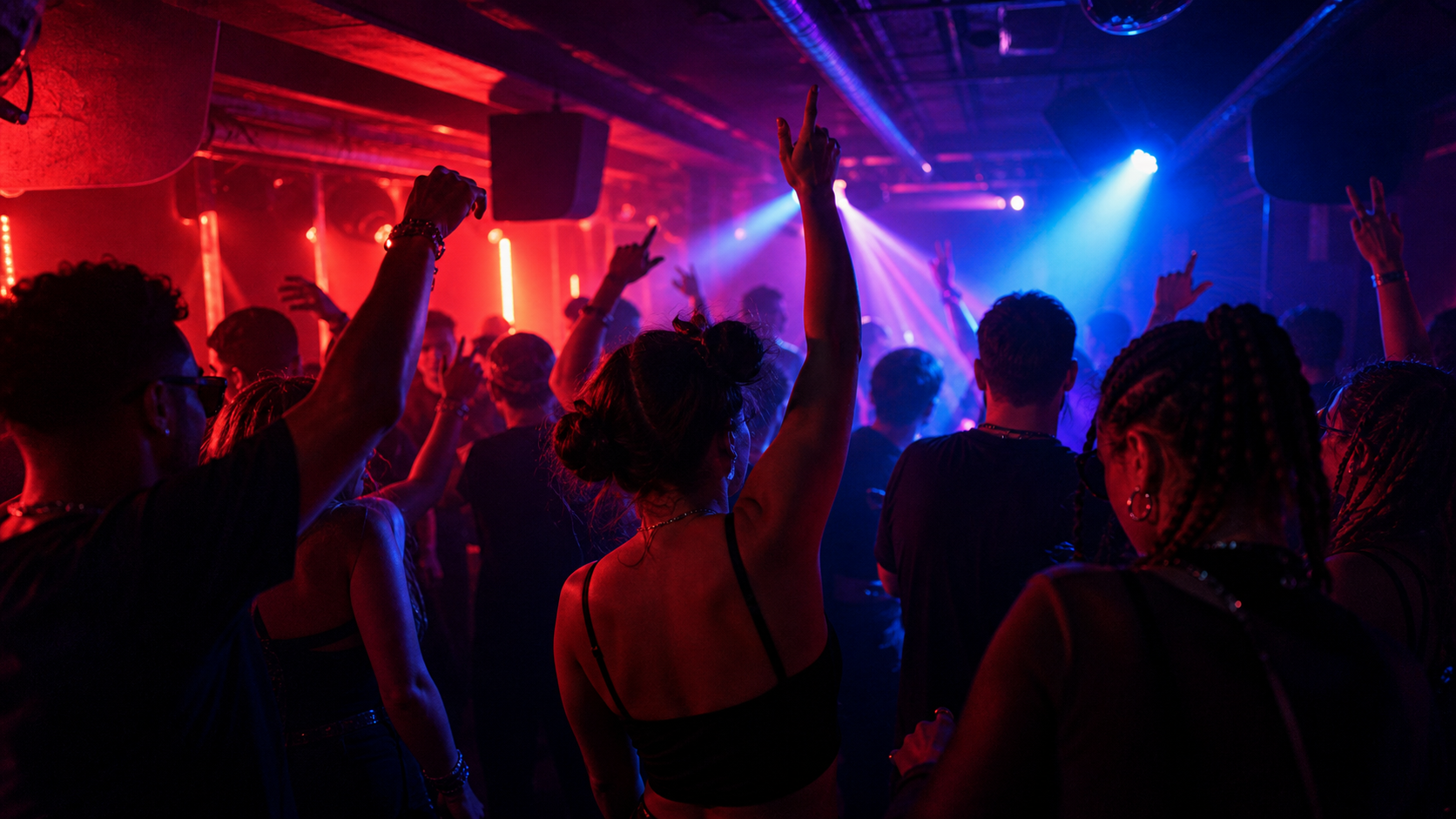 Fiktive Rave-Nacht mit farbigem Licht und Tanzfläche