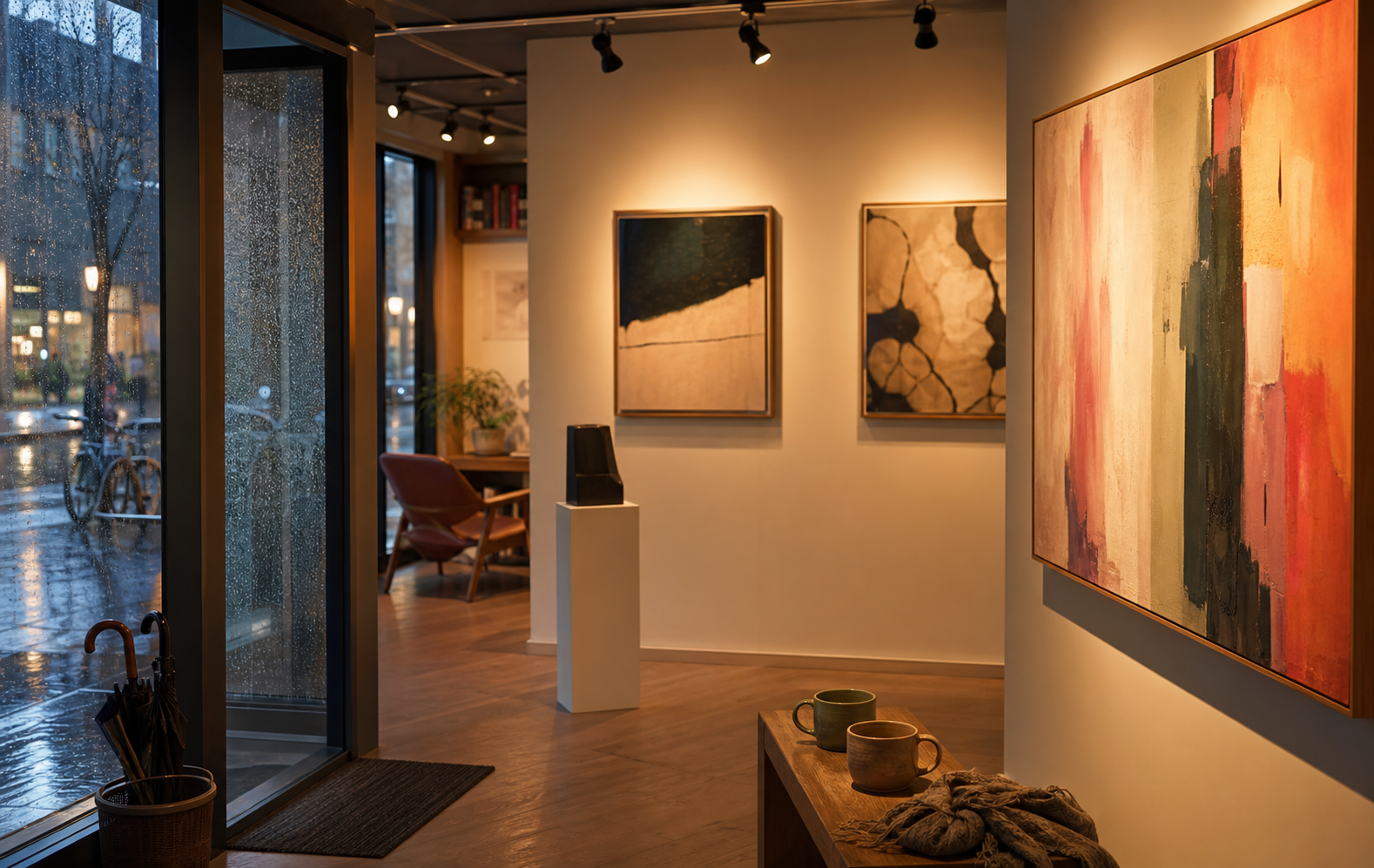 Gemütliche Galerie an einem Regentag mit ruhiger Date-Stimmung