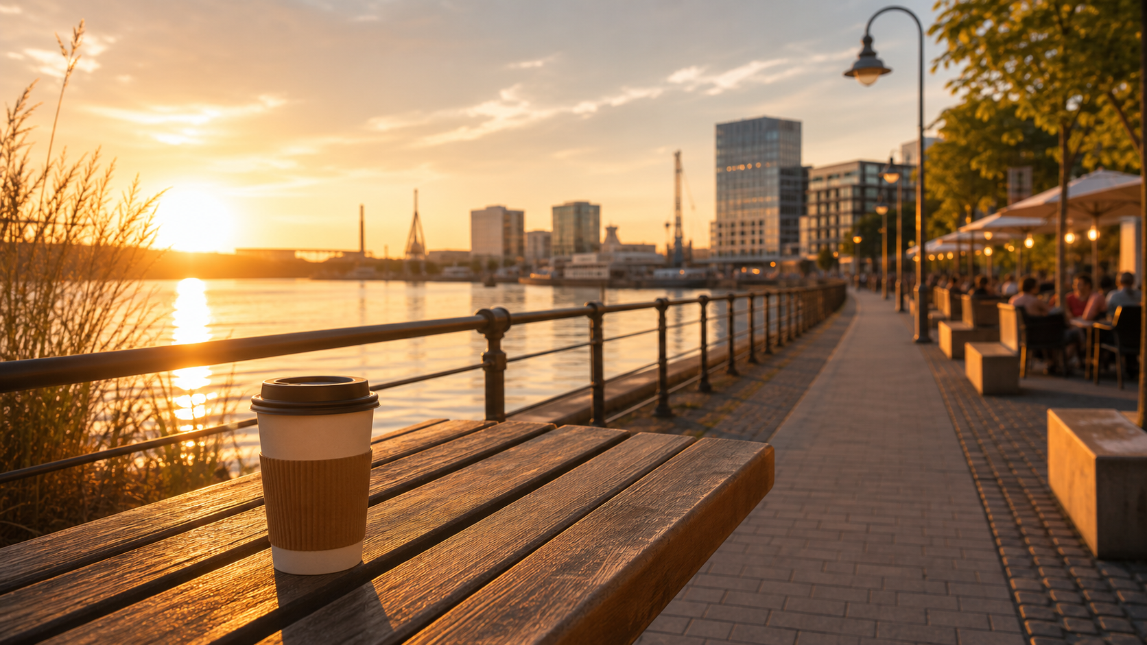 Duisburger Innenhafen bei Sonnenuntergang mit Kaffee am Wasser