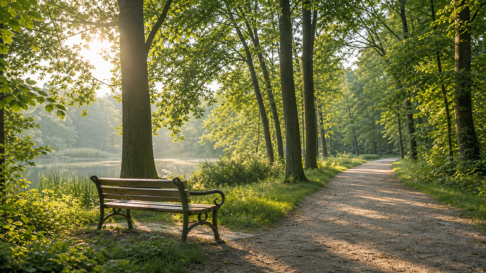 Ruhiger Waldweg im Krefelder Stadtwald mit weichem Morgenlicht